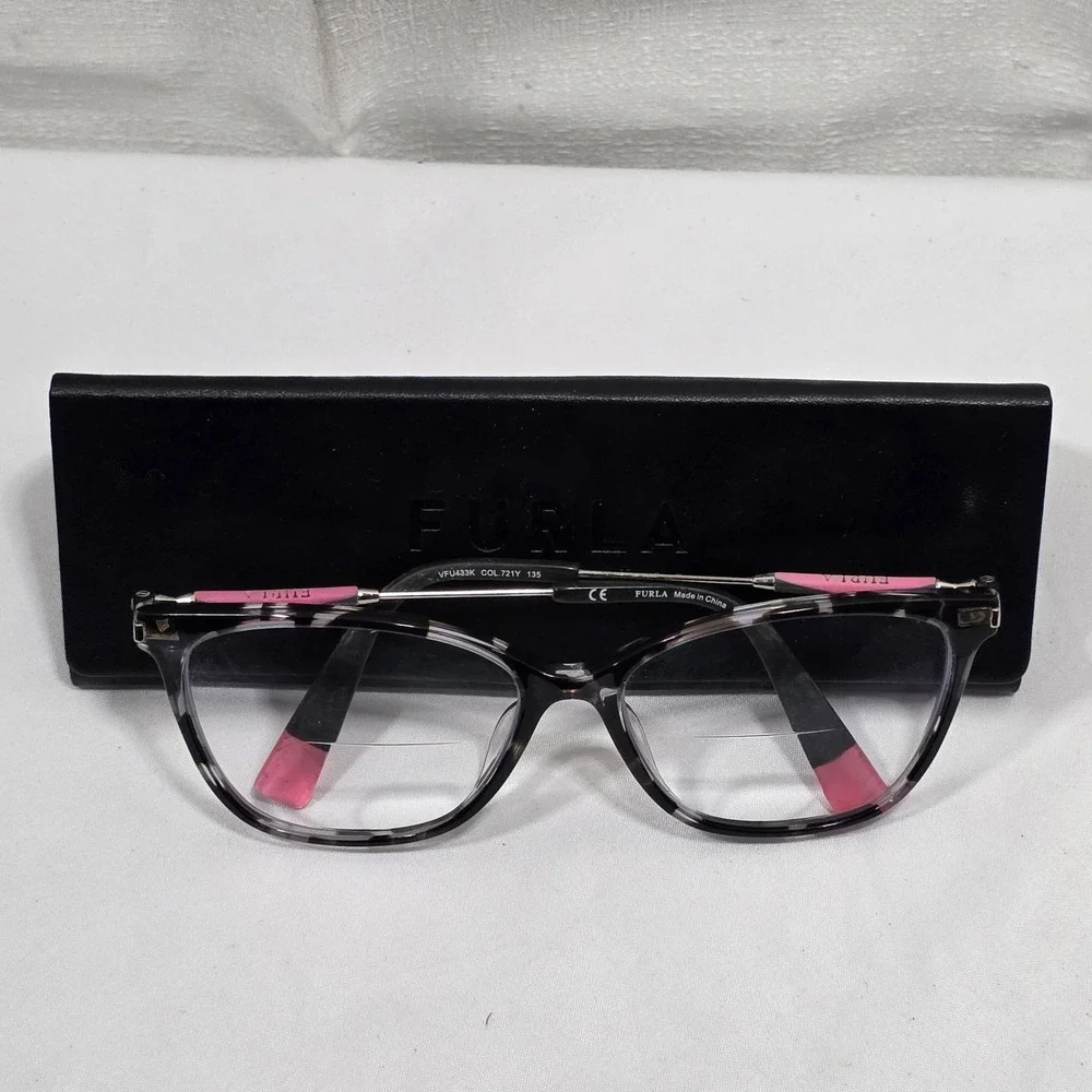 Furla VFU433K Cat Eye Eyeglasses Grey Tortoise Pink‎ Accents 721Y 135 with Case